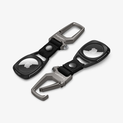 AMP01565 - AirTag Case Rugged Armor showing the front and side with carabiner opened